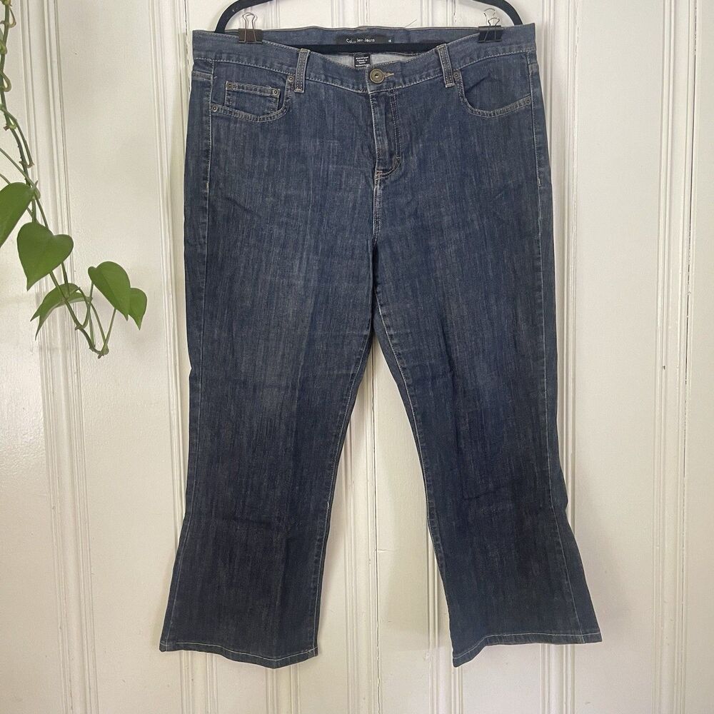 Calvin Klein Women Blue Dark Wash Flare Fit Cotton Crop Denim Jeans Size 18